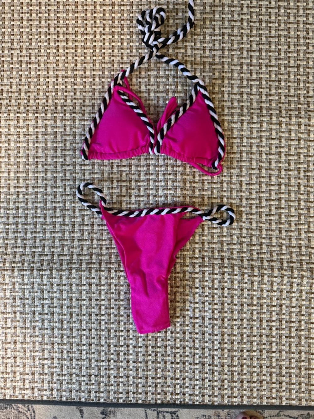Hot Pink Triangle Bikini with Black & White Rope Trim